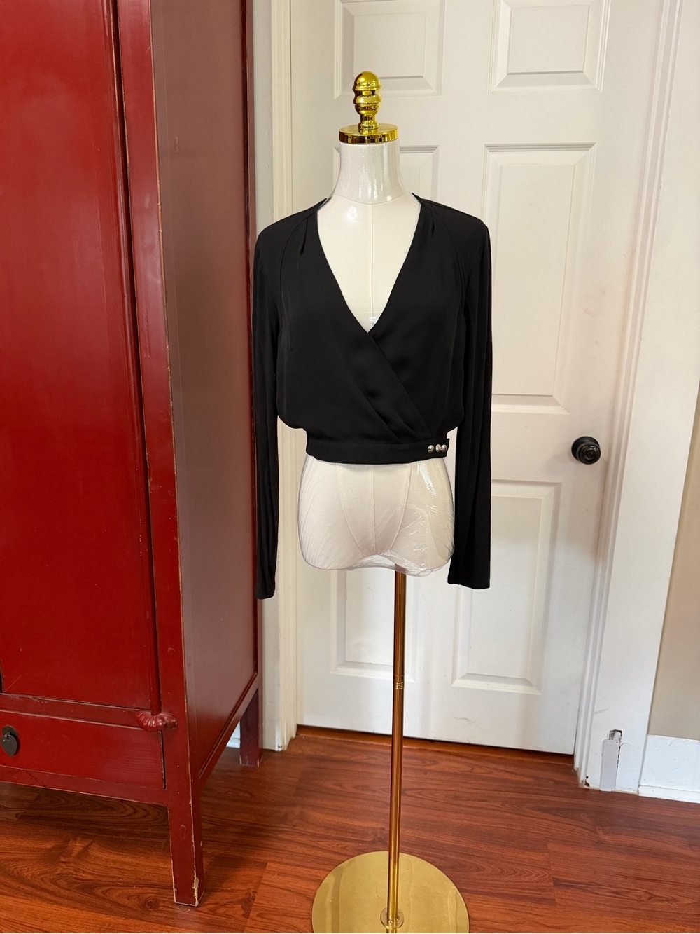 bebe Black Wrap-Front Long Sleeve Blouse